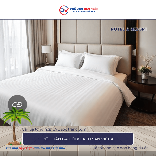 Bộ chăn ga gối khách sạn Việt Á vải lụa tổng hợp CVC sọc trắng 3cm 5-4